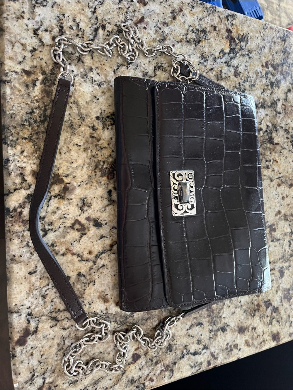 Brighton dark brown Croc-Embossed Leather Chain Shoulder Bag or clutch.